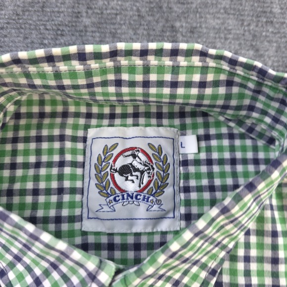 Cinch Shirt Large Green Check Long Sleeve Button Down Pocket Logo Western - Picture 3 of 7